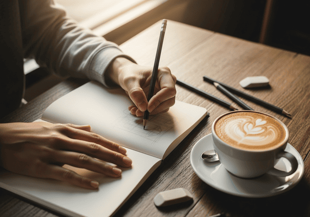 sketcart cafe with live musiching in a notebook at a cafe table