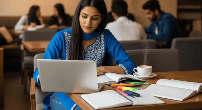 Indian student studying at best cafe in Nashik for students with laptop and coffee